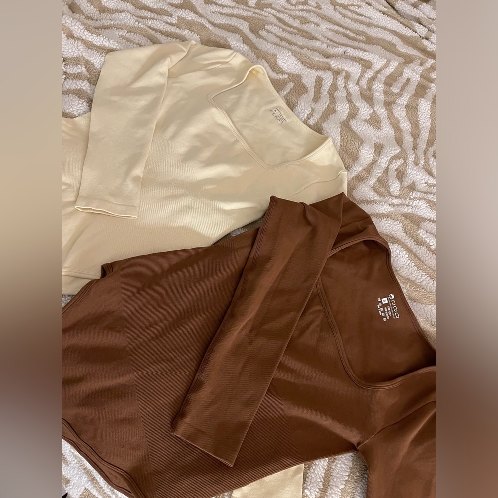 OQQ Cream and Brown Long Sleeve Tops